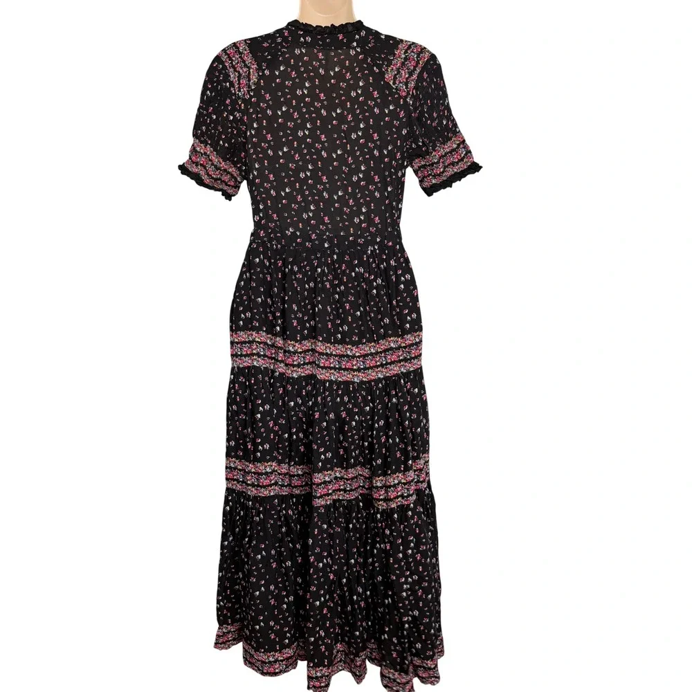 Free People Rare Feelings Dress XS Black Gauze Floral Tiered Smocked Ruffle Midi - Picture 2 of 9